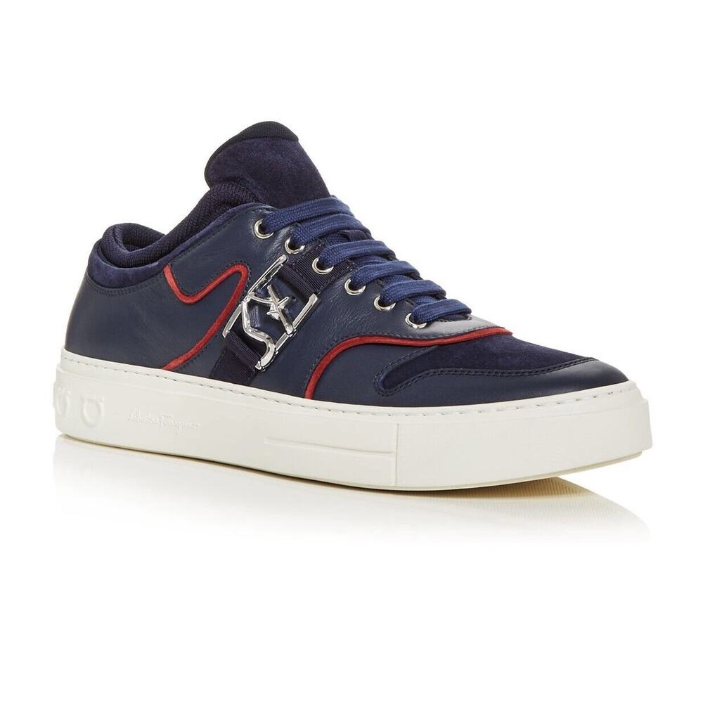 $795 FERRAGAMO NORIS NAVY LEATHER RED SUEDE SF LOGO WHITE SNEAKERS 11 M ITALY